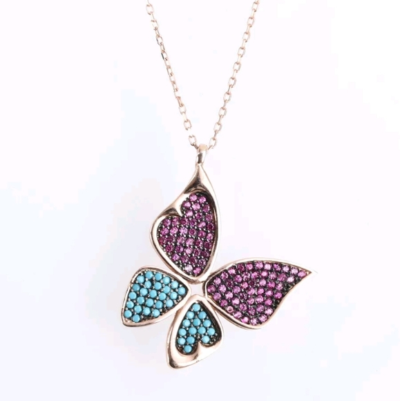 Kharma by Avelon Jewelry - Ruby & turquoise rise gold butterfly necklace